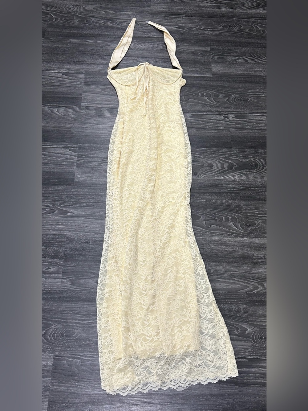 Elegant Cream Lace Maxi Dress with Tie Front size S Hazel Boutique